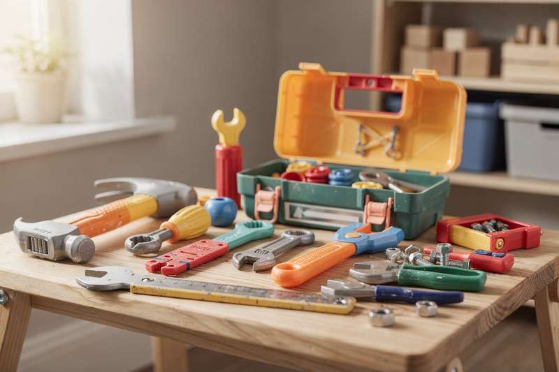 Bambino che assembla una casa di legno con martello e chiodi usando attrezzi in miniatura.