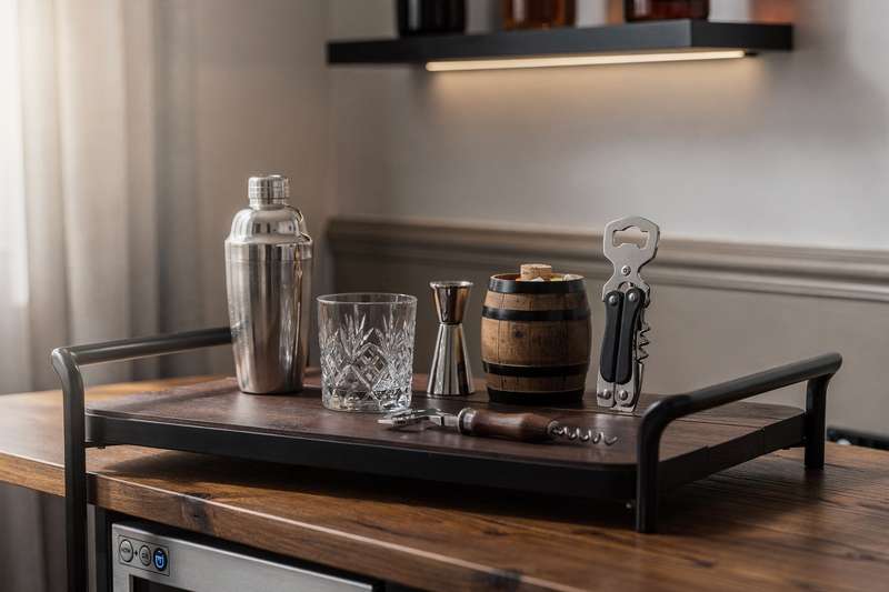 Una persona versa un cocktail in un bicchiere con ghiaccio mentre sistema le bottiglie e i bicchieri sul ripiano del suo home bar.