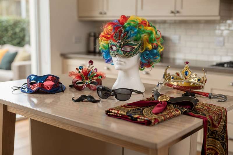 # Alt-text per immagine lifestyle Gruppo di amici in costumi colorati e stravaganti ballano insieme a una festa di carnevale...