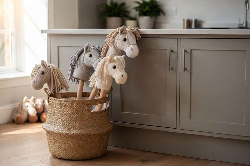Bambino che salta e gioca felice con un cavallo a dondolo su bastone colorato in una stanza luminosa.
