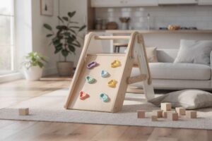 Bambino piccolo che scala una struttura in legno con entusiasmo mentre gioca in casa.