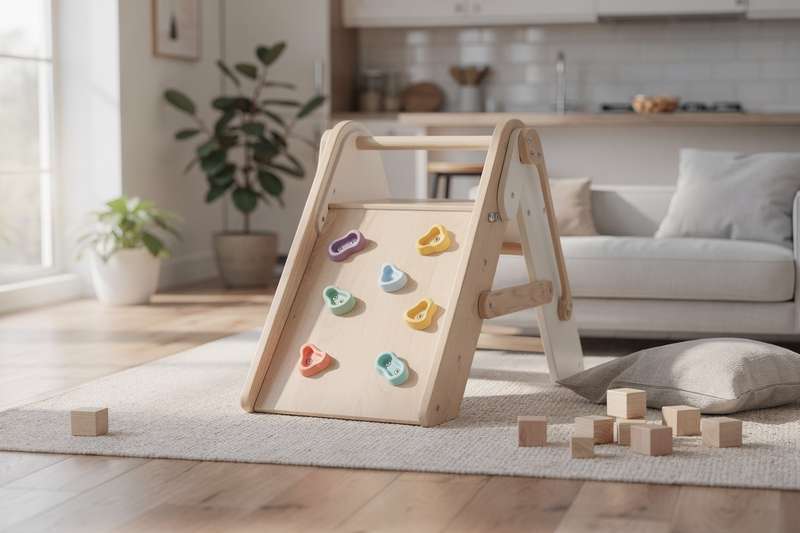 Bambino piccolo che scala una struttura in legno con entusiasmo mentre gioca in casa.