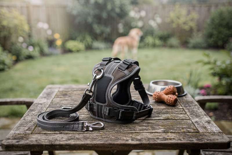 Una donna passeggia con il suo cane in città utilizzando una pettorina regolabile nera.