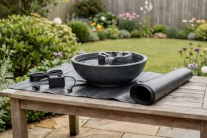 Una donna sistema una fontana decorativa in pietra all'interno del suo giardino, creando un'atmosfera rilassante.