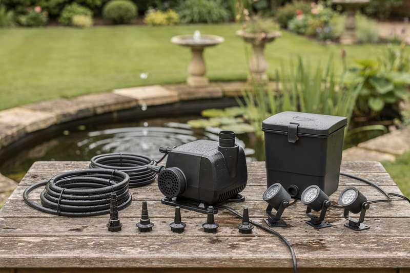 Donna intenta a regolare il flusso d'acqua di una piccola fontana da giardino circondata da piante verdi.