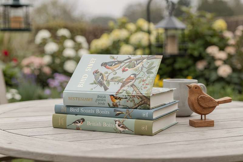 Una coppia di binocoli riposa su un libro aperto sulla fauna selvatica mentre sullo sfondo si vede un giardino verde con alberi.
