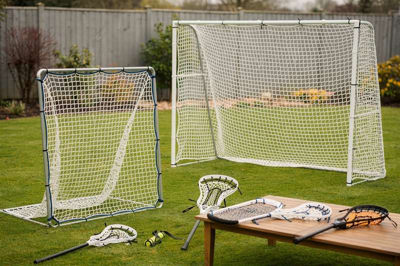 Una persona che pratica lacrosse con una rete da allenamento in giardino.