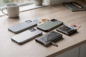 Mani di una persona che organizzano documenti e carte di credito dentro un portafoglio compatto in pelle nera.