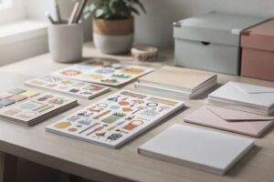 Mani di un ragazzo che applica adesivi colorati su un quaderno durante una sessione creativa di personalizzazione.