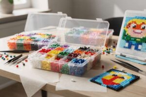 Una mano di bambino posiziona perline colorate su una piastra di plastica per creare un motivo geometrico.