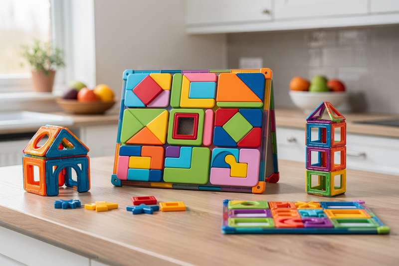 Bambino che costruisce strutture colorate con pezzi magnetici su un tavolo di gioco.