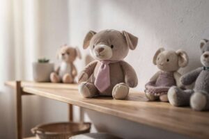 Bambino abbraccia dolcemente un morbido peluche mentre gioca seduto sul tappeto della cameretta.