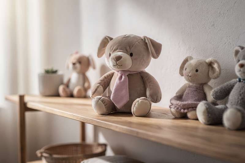 Bambino abbraccia dolcemente un morbido peluche mentre gioca seduto sul tappeto della cameretta.