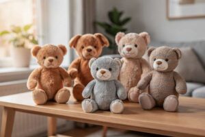 Una bambina abbraccia un morbido peluche mentre gioca seduta sul letto in camera.