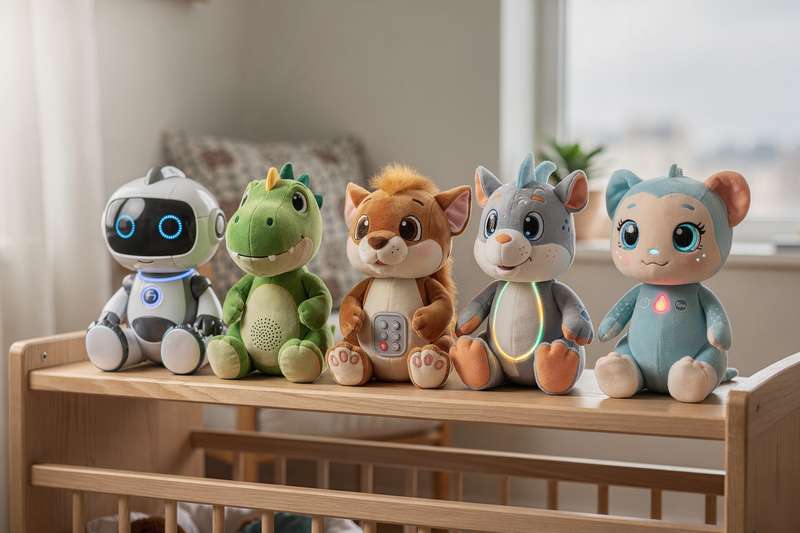 Bambino che abbraccia un peluche interattivo che risponde ai movimenti con suoni e luci colorate.