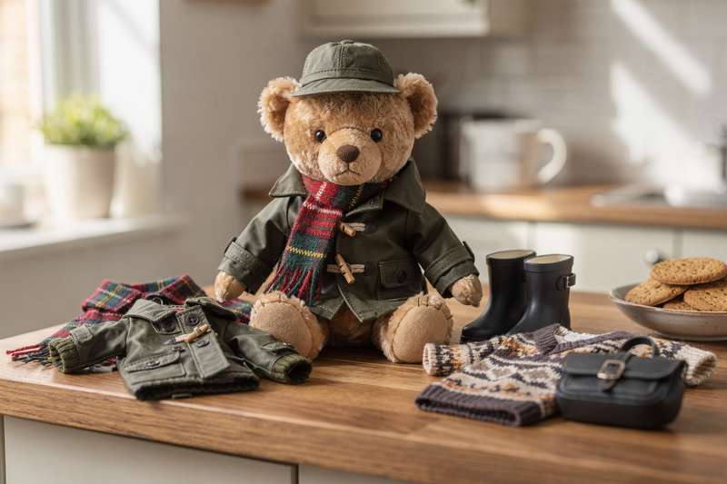 Mani di una persona che veste un piccolo animale di peluche con un abito colorato e accessori coordinati.