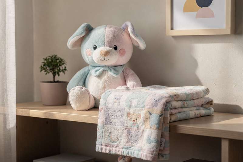 Mamma tiene in braccio il neonato avvolto in una morbida copertina mentre accarezza il peluche che dorme con lui.