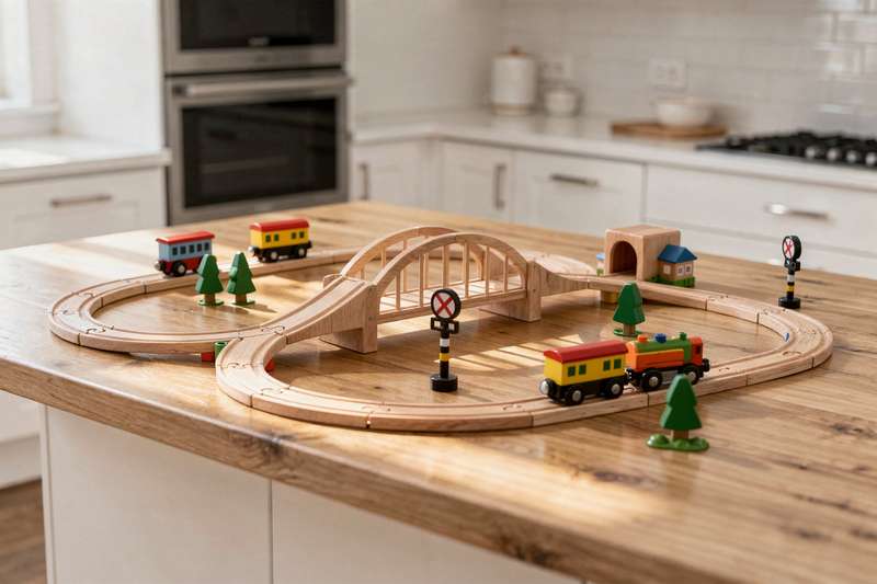 Bambino che assembla e gioca con un set di binari per trenini, costruendo il circuito sui mattoncini colorati.