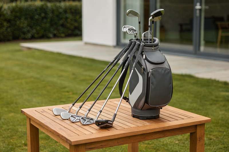 Golfer professionista che pratica il swing con una mazza da golf su un campo verde al tramonto.
