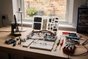 Una persona assembla circuiti su una breadboard mentre consulta schemi su un tablet accanto.