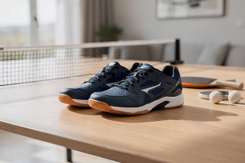 Giocatore di ping pong che esegue un colpo durante una partita indossando scarpe da tavolo professionali.