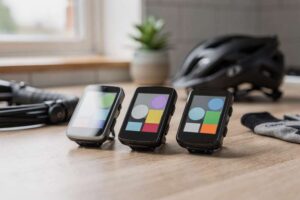 Ciclista controlla le statistiche di allenamento sul display del computer da bici durante una pedalata in strada.