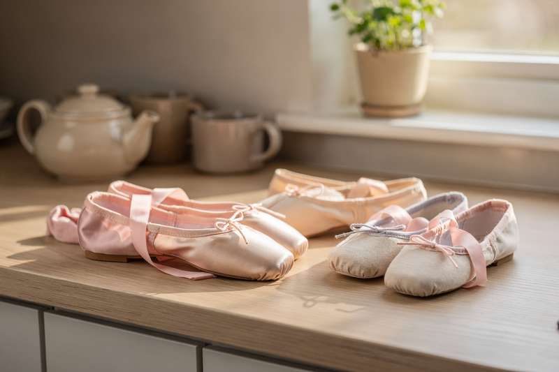 Ballerino indossa scarpette da danza classica rosa durante l'allenamento in studio.