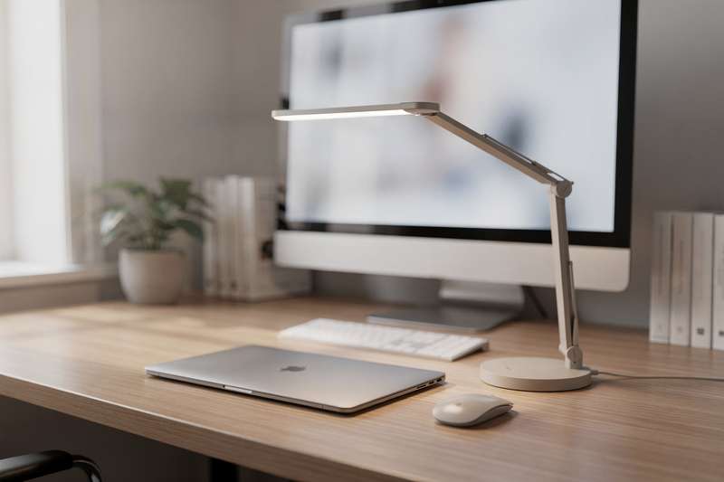 Donna al computer portatile durante una videocall, illuminata dalla luce fredda di una lampada LED posizionata lateralmente...