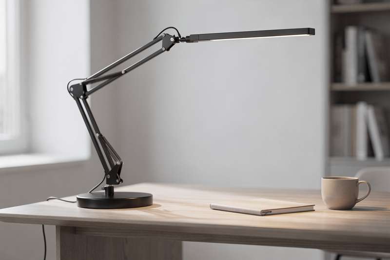 Mano che regola l'angolazione del braccio snodabile di una lampada LED durante il lavoro al computer in ufficio.