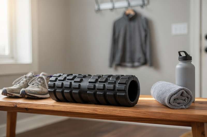 Una persona usa il rullo in schiuma sulla gamba esterna mentre è seduta per alleviare la tensione muscolare post-allenamento.