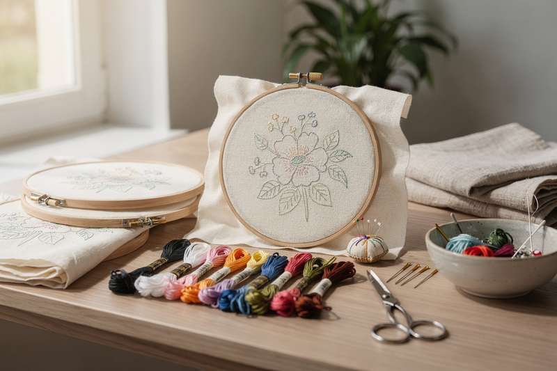 Mani di una persona che ricama su tessuto con ago e filo colorato seguendo il disegno prestampato del kit.
