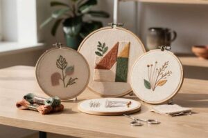 Mani di una donna che ricama un disegno colorato su un cerchio di legno, creando un'opera d'arte decorativa per la parete.