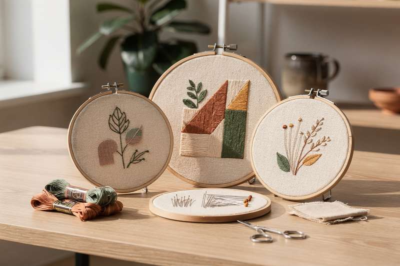 Mani di una donna che ricama un disegno colorato su un cerchio di legno, creando un'opera d'arte decorativa per la parete.