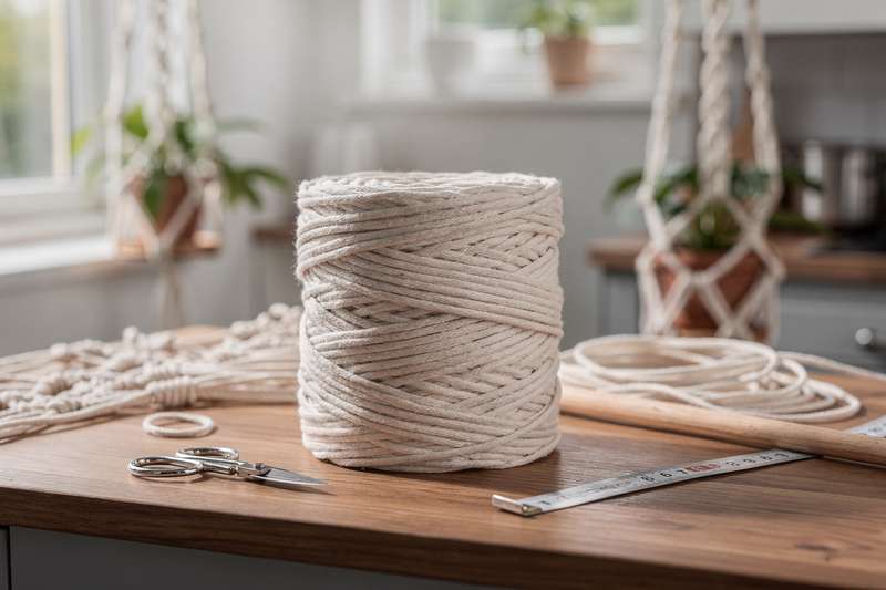 Mani di una persona che intreccia un cordino beige con tecniche di macramè per creare un appendivaso decorativo.