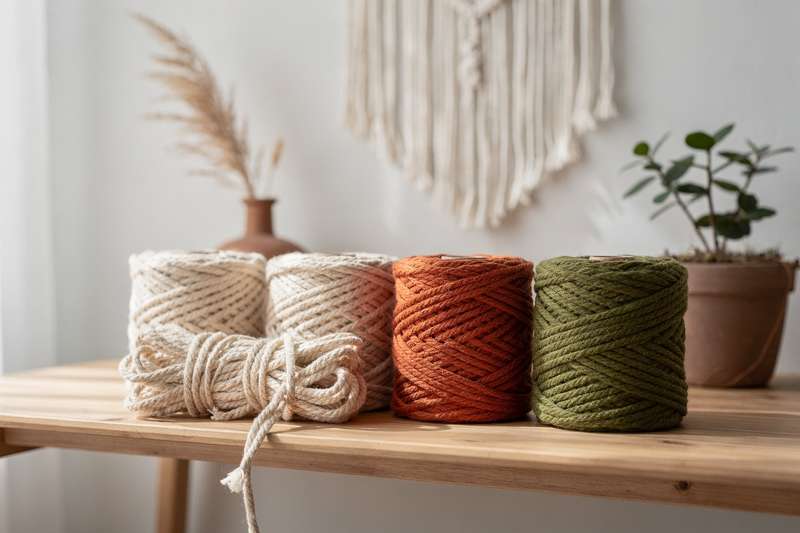 Una mano intreccia una corda in cotone naturale a cinque millimetri, creando un motivo geometrico per una decorazione murale...