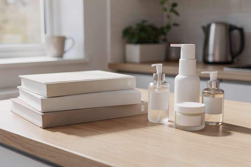 Una persona apre un libro sulla skincare mentre accanto si vedono barattoli di creme e sieri per la routine di bellezza...