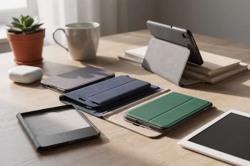 Mani che tengono un eReader protetto da una custodia in pelle mentre si legge in poltrona.