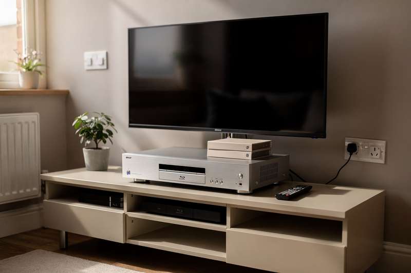 Una mano inserisce un disco Blu-ray nel lettore mentre lo schermo della televisione in background mostra il menu del film in...