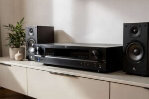 Una mano regola il volume su un ricevitore AV nero mentre sullo schermo appaiono le impostazioni audio surround.