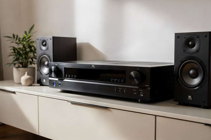 Una mano regola il volume su un ricevitore AV nero mentre sullo schermo appaiono le impostazioni audio surround.