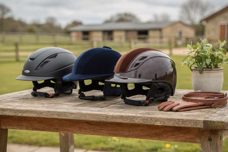 Cavaliere indossa casco nero protettivo mentre monta a cavallo in maneggio coperto.