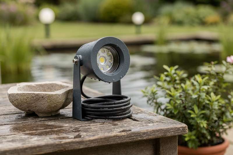 Luci subacquee colorate illuminano un laghetto da giardino di sera, creando un'atmosfera magica intorno alle piante acquatiche.