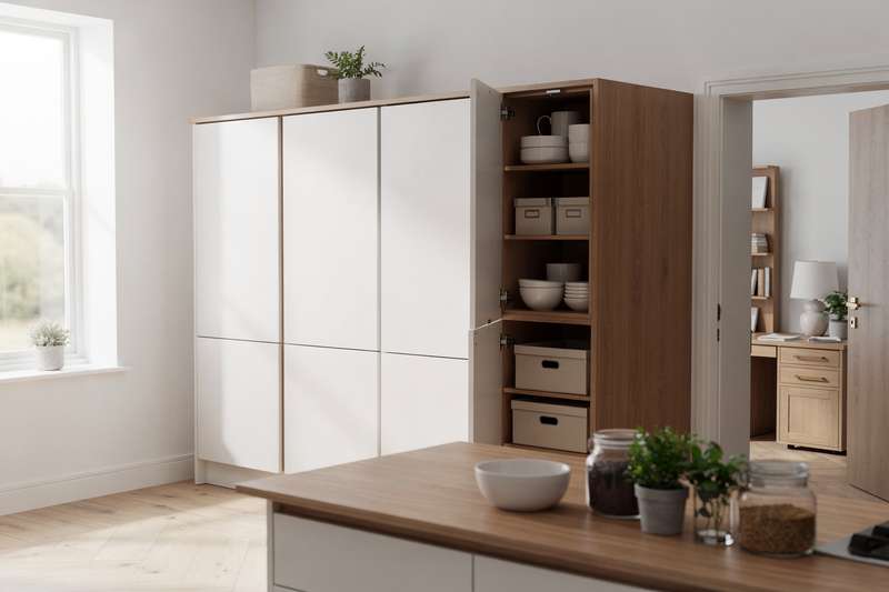 Cucina moderna con armadi a muro in legno chiaro aperti che mostrano stoviglie e barattoli organizzati.