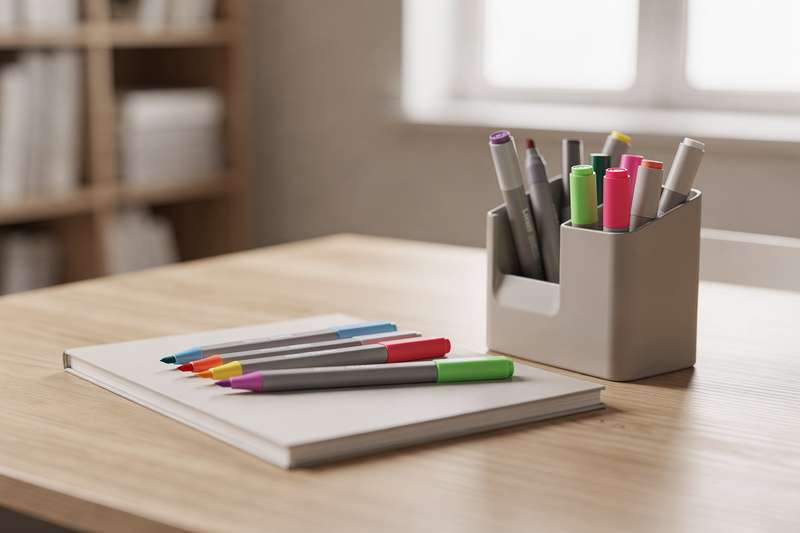 Una mano tiene un evidenziatore giallo luminoso sopra fogli di carta con testo evidenziato in colori vivaci.