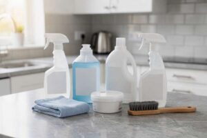 Una persona applica il prodotto detergente spray su una superficie in marmo della cucina mentre la pulisce con un panno in...