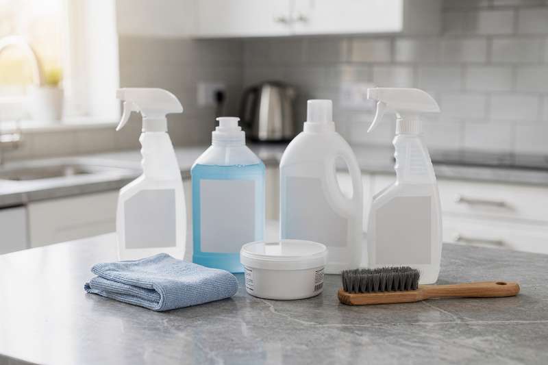 Una persona applica il prodotto detergente spray su una superficie in marmo della cucina mentre la pulisce con un panno in...