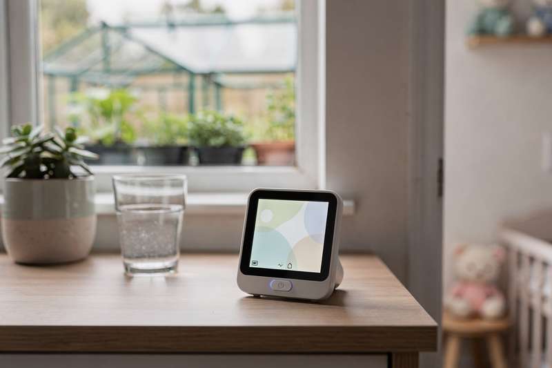 Persona che controlla l'umidità in una cameretta con un igrometro digitale appoggiato sul comodino accanto al letto.