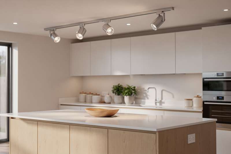 Una mano regola l'intensità luminosa di faretti moderni sul soffitto della cucina.