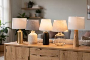 Mano che accende una lampada da tavolo con paralume in tessuto bianco in un salotto accogliente.