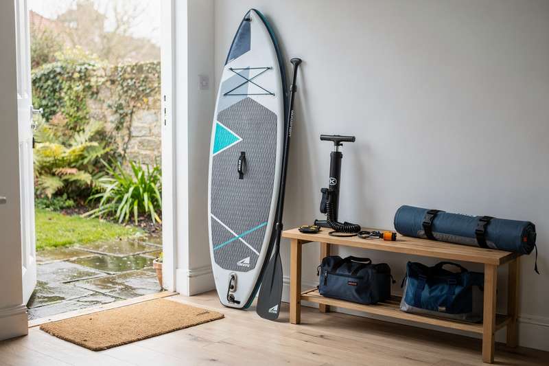 Una persona in equilibrio su una tavola da SUP in acque tranquille mentre tiene il remo con entrambe le mani.